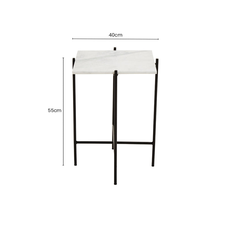 White Marble Square Top Side Table with Sleek Black Iron Base | Mandoli
