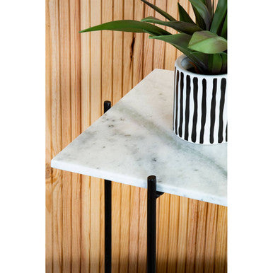 White Marble Square Top Side Table with Sleek Black Iron Base | Mandoli