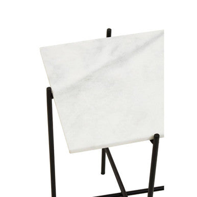 White Marble Square Top Side Table with Sleek Black Iron Base | Mandoli