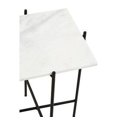 White Marble Square Top Side Table with Sleek Black Iron Base | Mandoli
