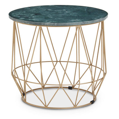 Green Marble Round Top Side Table with Sleek Cage Style Gold Metal Frame | Mandoli