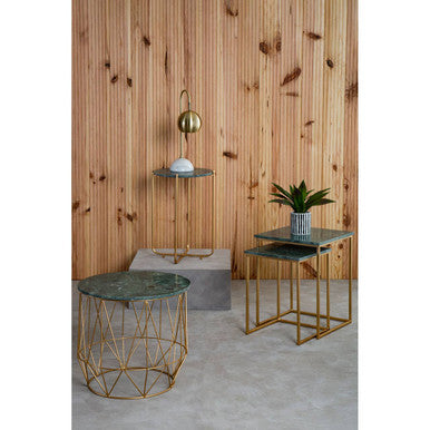 Green Marble Round Top Side Table with Sleek Cage Style Gold Metal Frame | Mandoli