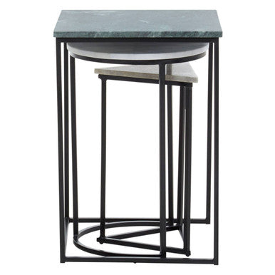 Marble Top Nest of 3 Tables with Black Metal Bases in Assorted Tones and Shapes | Mandoli