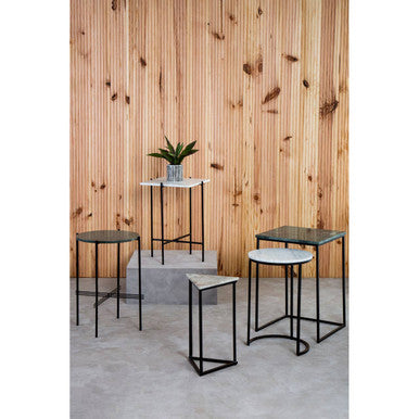 Marble Top Nest of 3 Tables with Black Metal Bases in Assorted Tones and Shapes | Mandoli