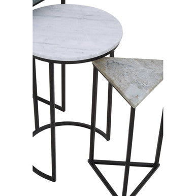 Marble Top Nest of 3 Tables with Black Metal Bases in Assorted Tones and Shapes | Mandoli