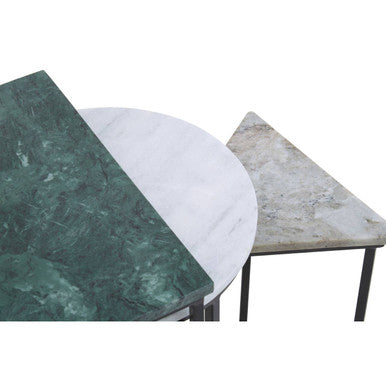 Marble Top Nest of 3 Tables with Black Metal Bases in Assorted Tones and Shapes | Mandoli
