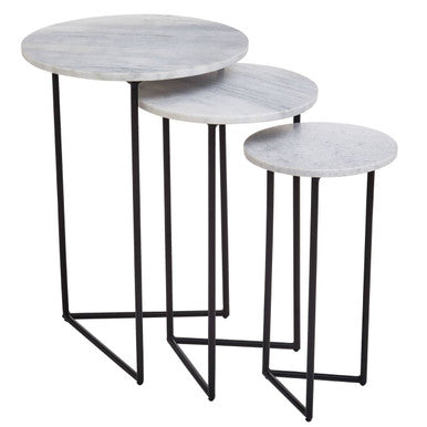 Nest of 3 White Marble Top Side Tables with Black Metal Triangular Bases | Mandoli