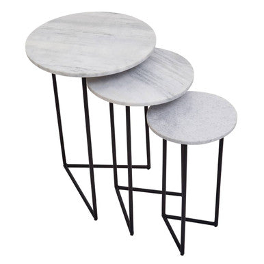 Nest of 3 White Marble Top Side Tables with Black Metal Triangular Bases | Mandoli