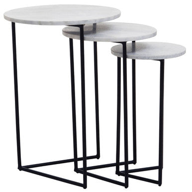 Nest of 3 White Marble Top Side Tables with Black Metal Triangular Bases | Mandoli