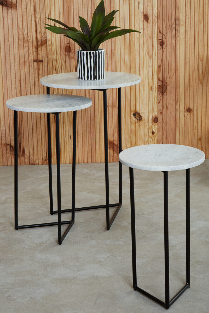 Nest of 3 White Marble Top Side Tables with Black Metal Triangular Bases | Mandoli
