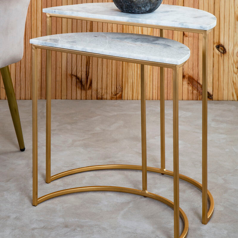 Nest of 2 White Marble Top Semicircular Side Tables with Gold Metal Open Frames | Mandoli