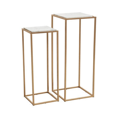 Nest of 2 White Marble Square Top Side Tables with Gold Metal Frame | Mandoli