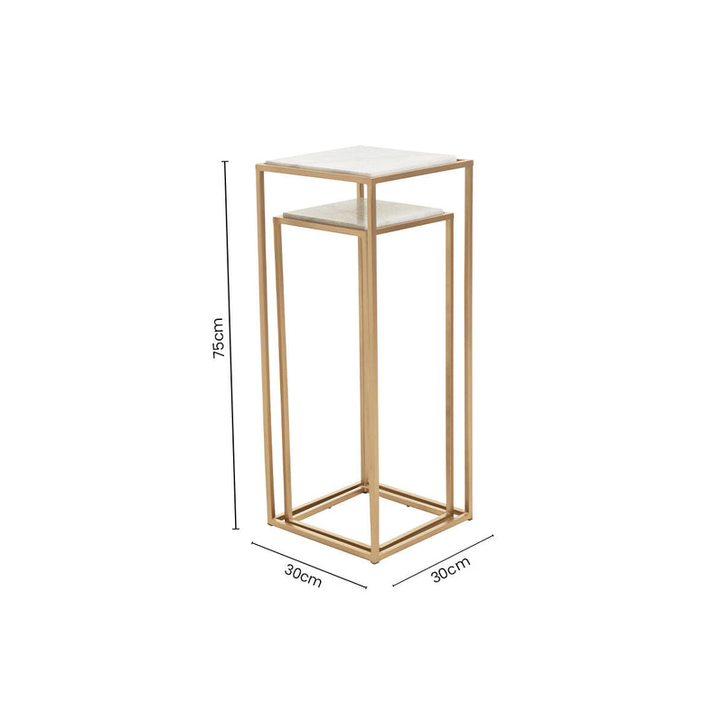 Nest of 2 White Marble Square Top Side Tables with Gold Metal Frame | Mandoli