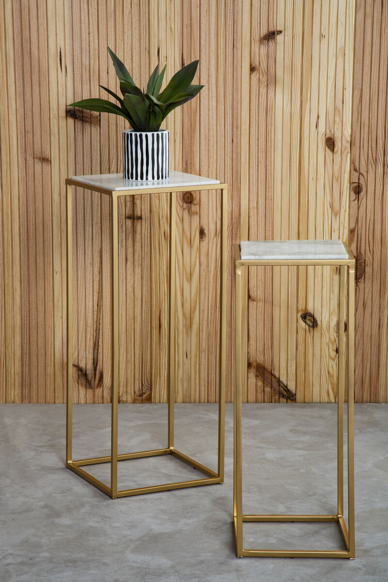 Nest of 2 White Marble Square Top Side Tables with Gold Metal Frame | Mandoli