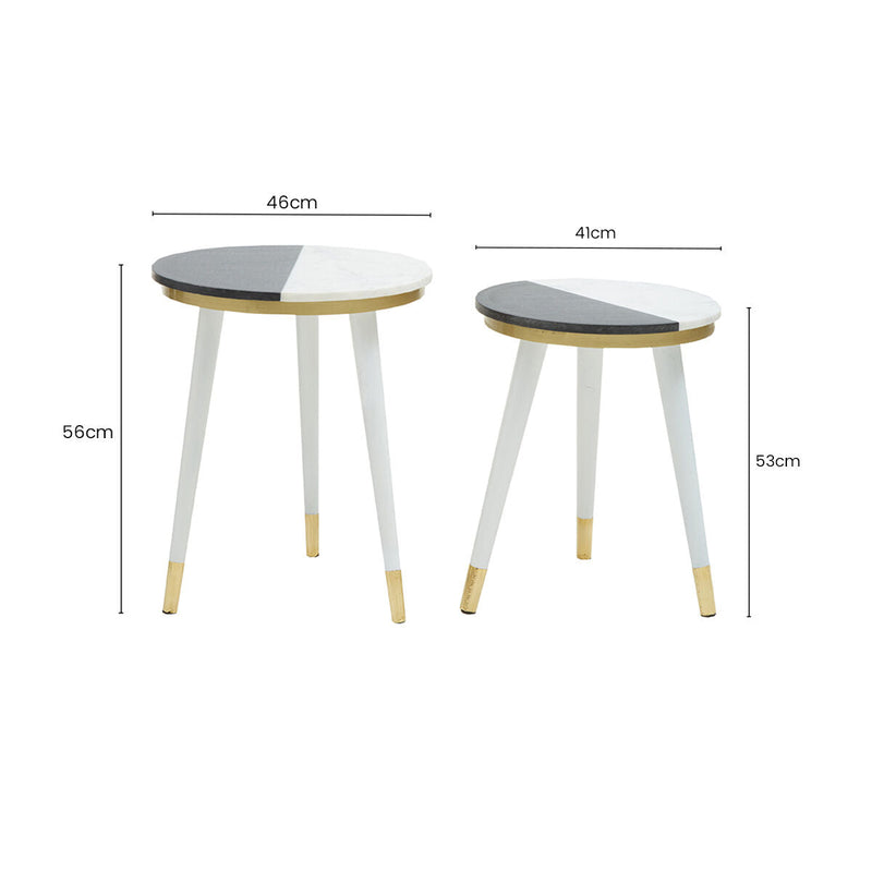Set of 2 Black & White Marble Side Tables with White Legs and Gold Base Detailing | Nirav