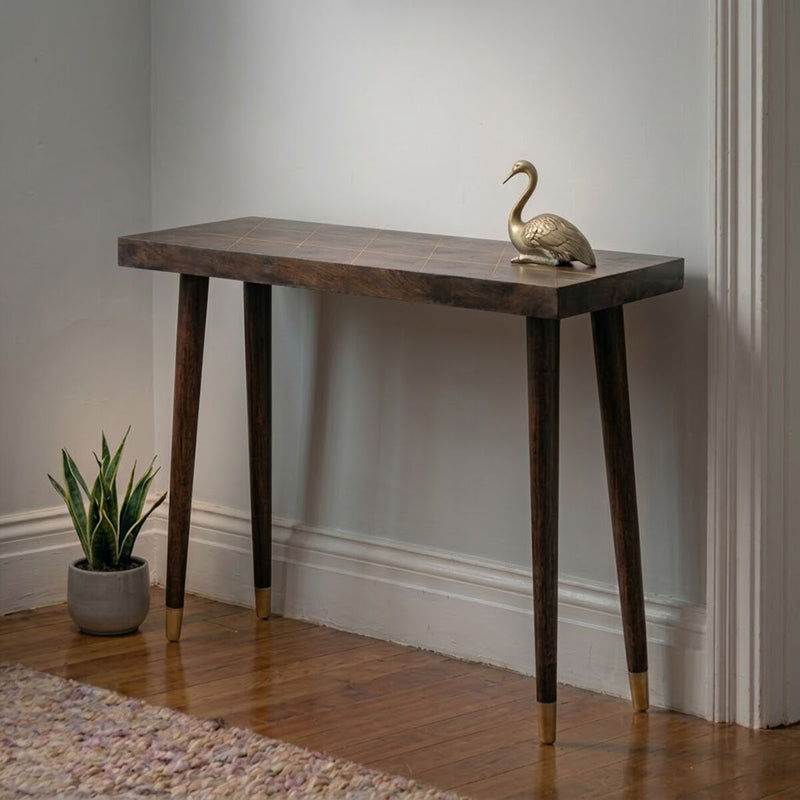 Brown Mango Wood Rectangular Console Table with Gold Tip Legs and Geometric Gold Lines on Top | Naro