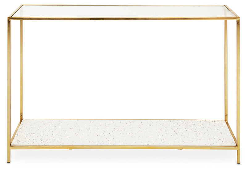 Glass Top Console Table with White Terrazzo Effect Shelf and Gold Metal Frame | Novi