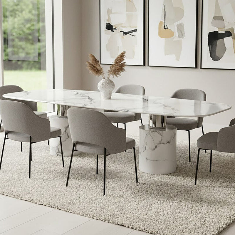 White Marble Dining Table with Cylindrical Marble Legs and Silver Metal Supports | Sesto