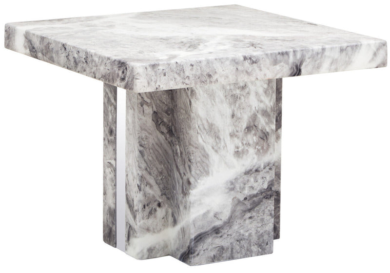 Grey Marble Top Side Table with Pedestal Base and Silver Stainless Steel Detailing | Saronno