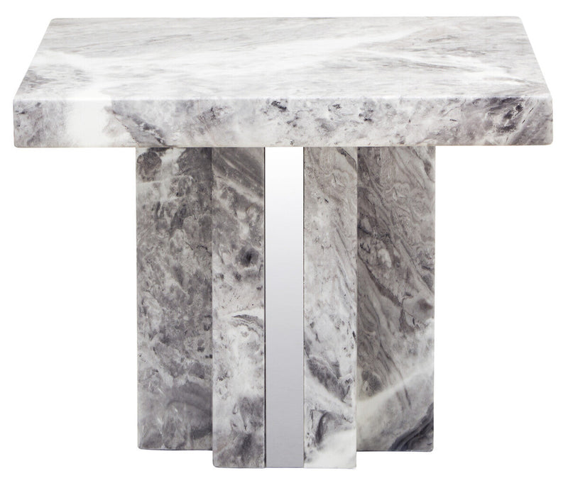 Grey Marble Top Side Table with Pedestal Base and Silver Stainless Steel Detailing | Saronno