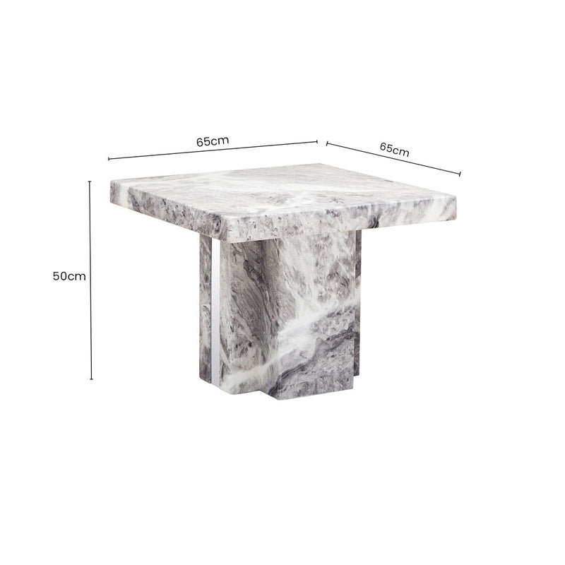 Grey Marble Top Side Table with Pedestal Base and Silver Stainless Steel Detailing | Saronno