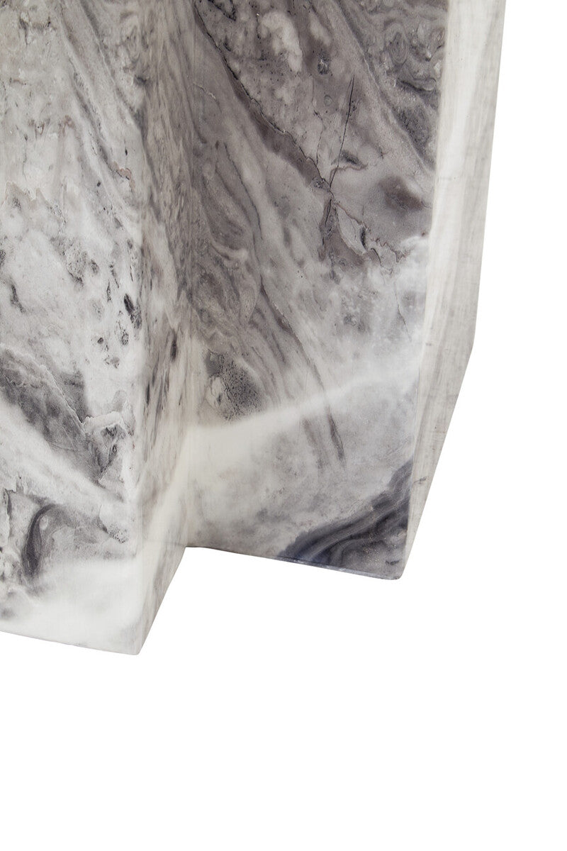 Grey Marble Top Side Table with Pedestal Base and Silver Stainless Steel Detailing | Saronno