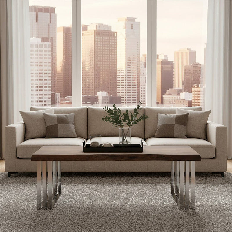 Natural Wood Top Coffee Table with Silver Stainless Steel Looped Base | Hampstead