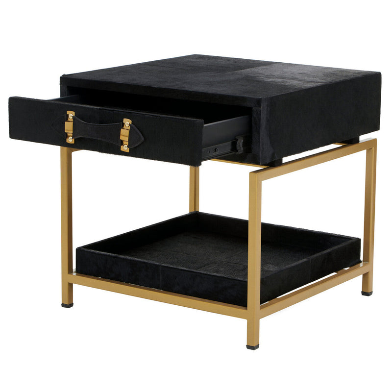 Black Hair-On-Hide Leather Bedside Table with Gold Metal Frame and 1 Drawer, Kensington Townhouse