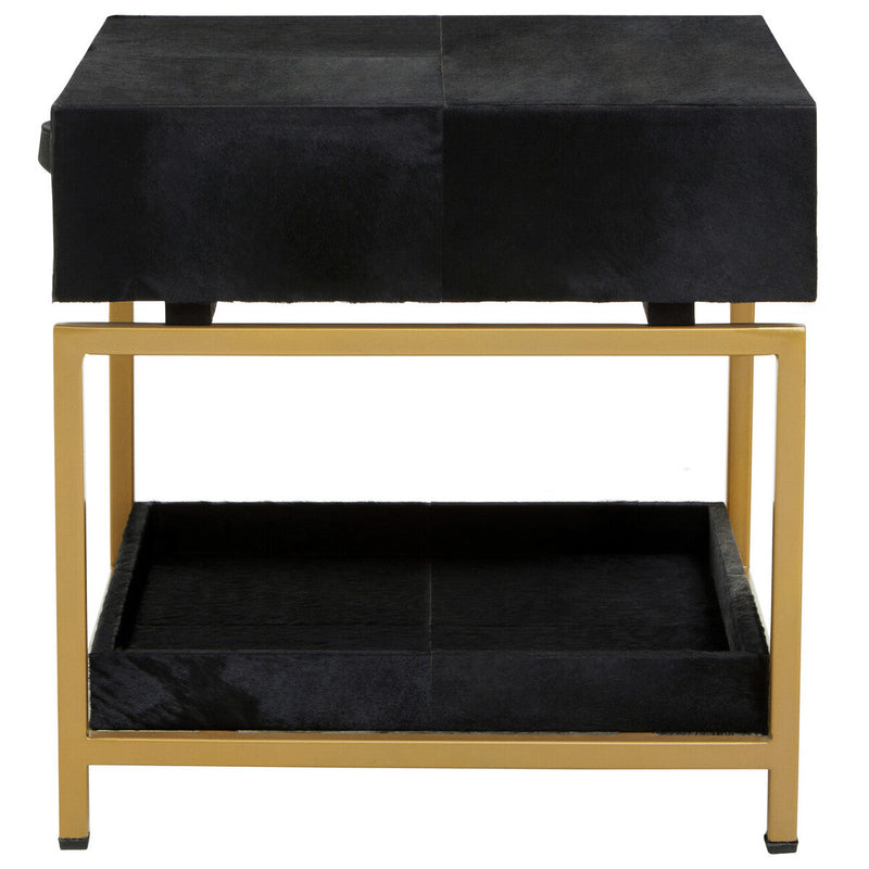 Black Hair-On-Hide Leather Bedside Table with Gold Metal Frame and 1 Drawer, Kensington Townhouse