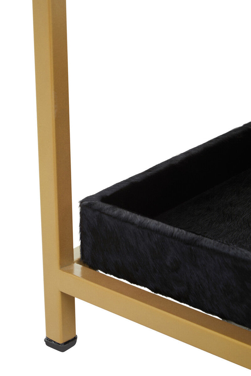 Black Hair-On-Hide Leather Bedside Table with Gold Metal Frame and 1 Drawer, Kensington Townhouse