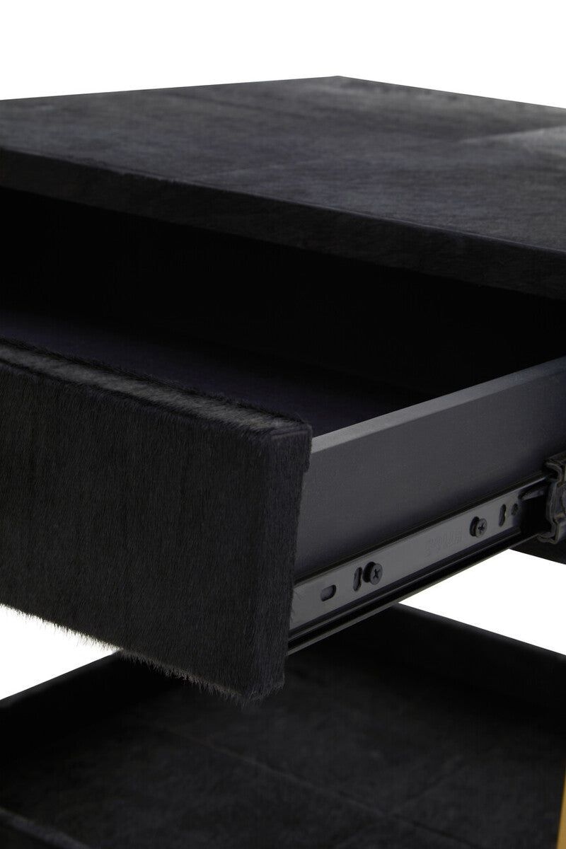 Black Hair-On-Hide Leather Bedside Table with Gold Metal Frame and 1 Drawer, Kensington Townhouse