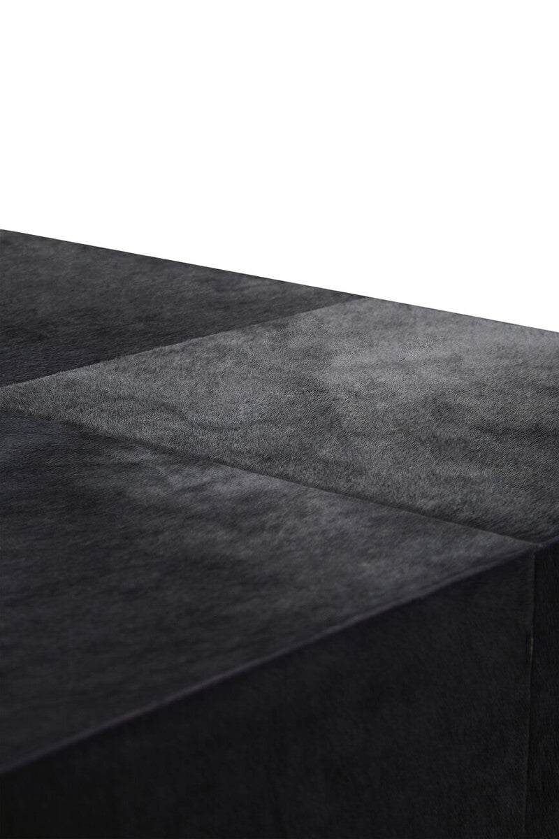 Black Hair-On-Hide Leather Bedside Table with Gold Metal Frame and 1 Drawer, Kensington Townhouse
