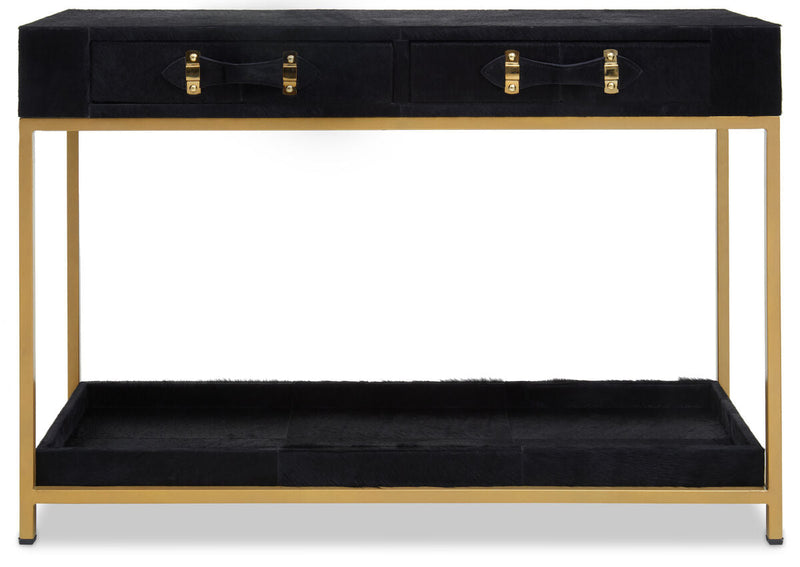 Black Hair-On-Leather 2-Drawer Console Table with Gold-Finished Metal Frame, Kensington Townhouse
