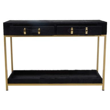 Black Hair-On-Leather 2-Drawer Console Table with Gold-Finished Metal Frame, Kensington Townhouse
