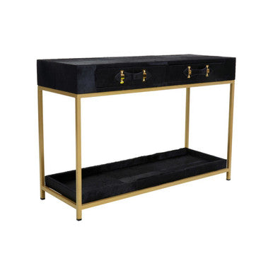 Black Hair-On-Leather 2-Drawer Console Table with Gold-Finished Metal Frame, Kensington Townhouse