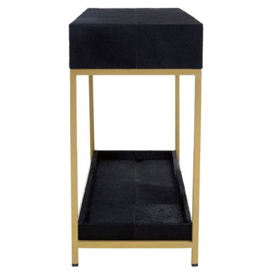 Black Hair-On-Leather 2-Drawer Console Table with Gold-Finished Metal Frame, Kensington Townhouse