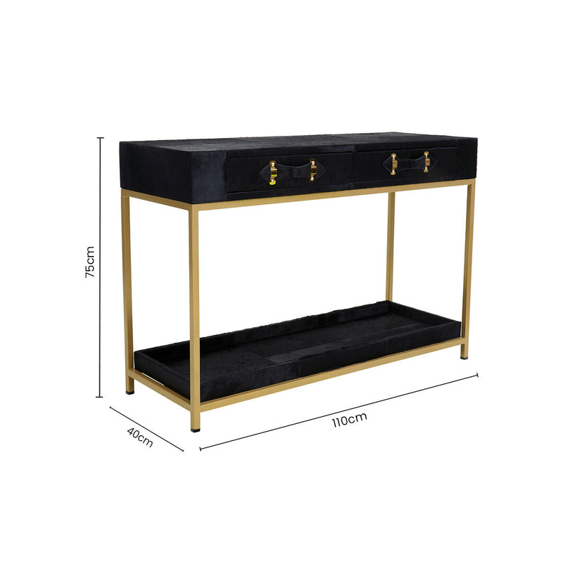 Black Hair-On-Leather 2-Drawer Console Table with Gold-Finished Metal Frame, Kensington Townhouse