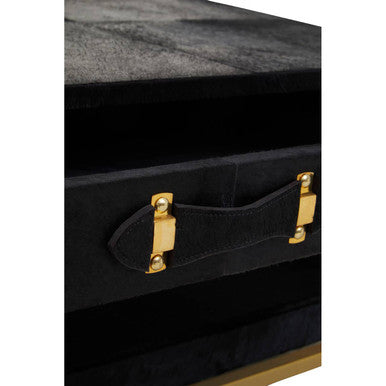 Black Hair-On-Hide Leather Coffee Table with Gold Metal Frame and Storage Drawer, Kensington Townhouse