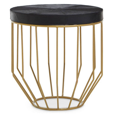 Black Hair-On-Hide Leather Round Top Side Table with Geometric Gold Metal Frame, Kensington Townhouse
