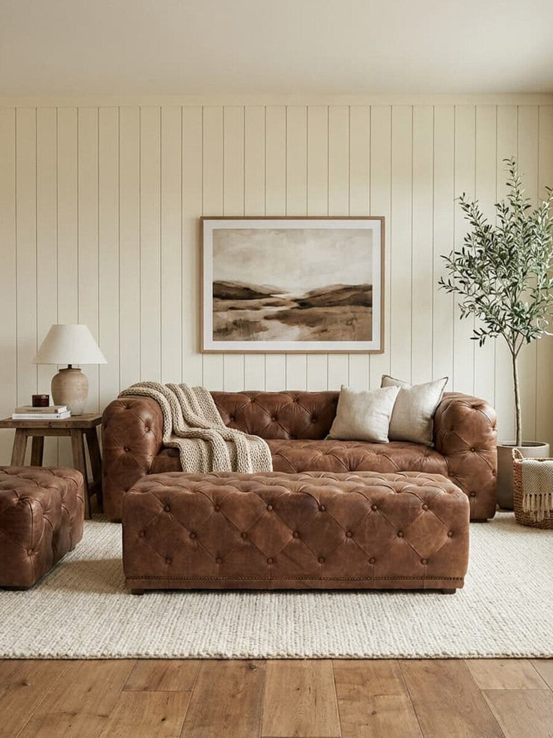 Brown Leather Rectangle Chesterfield Ottoman | Hoxton
