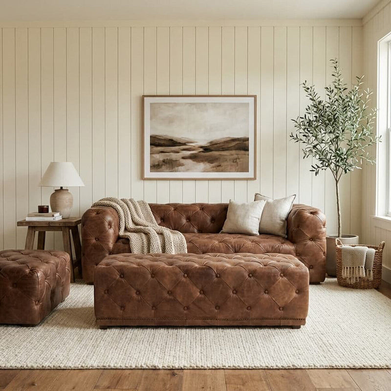 Brown Leather Rectangle Chesterfield Ottoman | Hoxton