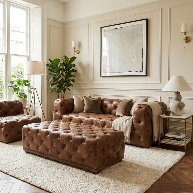 Brown Leather Rectangle Chesterfield Ottoman | Hoxton