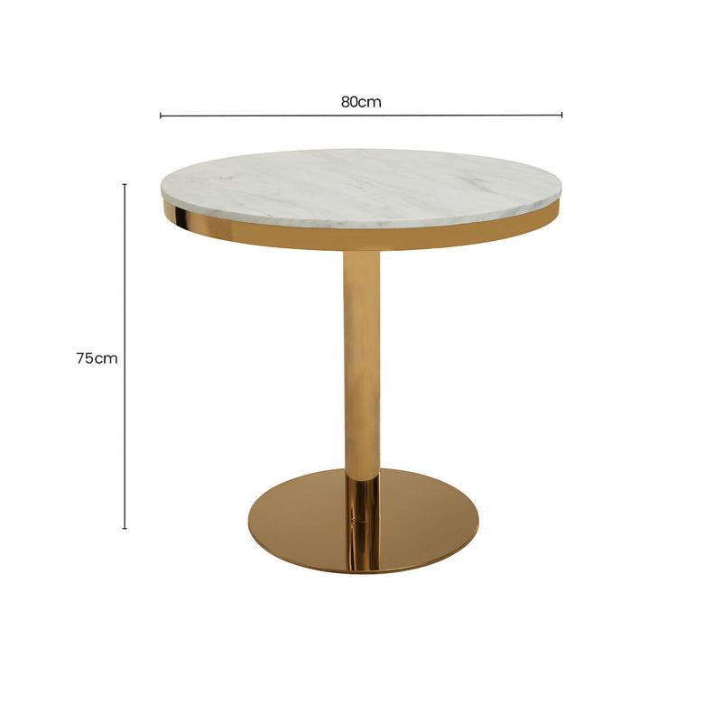 White Marble Round Top Dining Table with Luxe Gold Finish Pedestal Base | Azalea