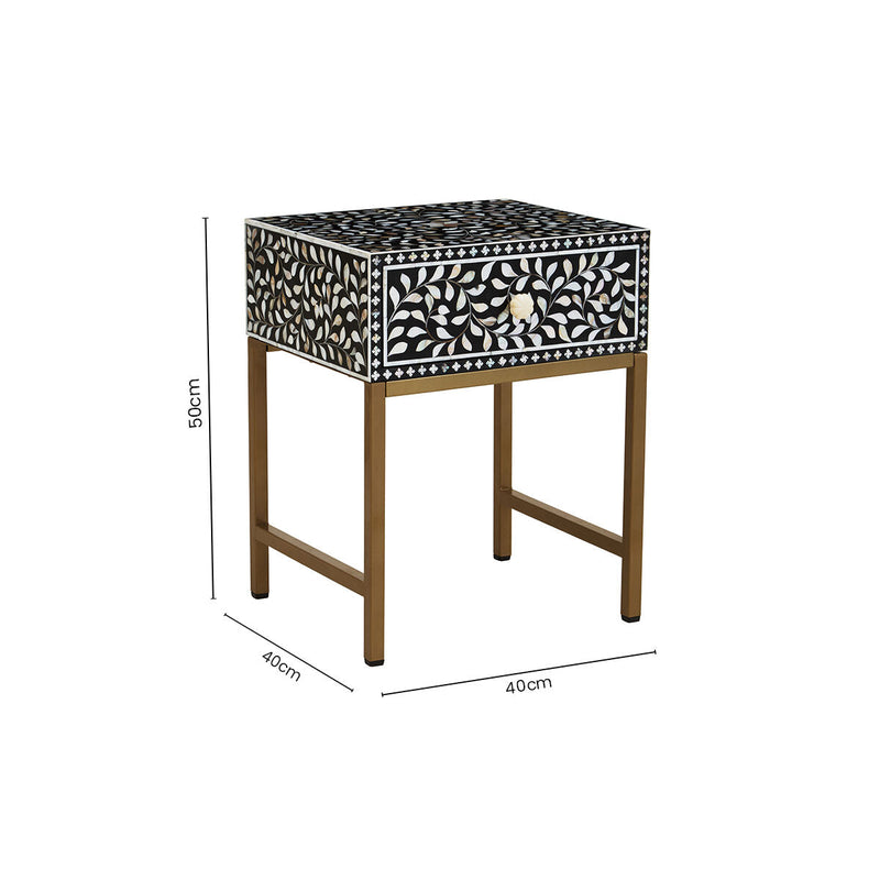 Black Wood Inlay 1-Drawer Side Table with Floral Handle and Gold Metal Finish Base | Fusion