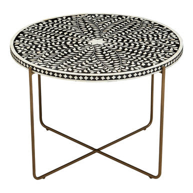 Black Round Wood Coffee Table with White Bone Inlay Top and Gold Metal Cross Base | Fusion
