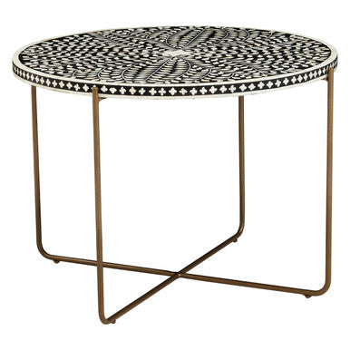 Black Round Wood Coffee Table with White Bone Inlay Top and Gold Metal Cross Base | Fusion