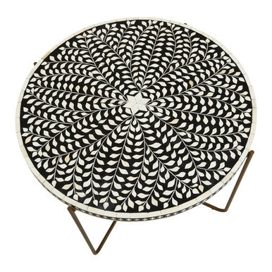 Black Round Wood Coffee Table with White Bone Inlay Top and Gold Metal Cross Base | Fusion