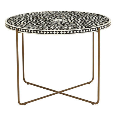 Black Round Wood Coffee Table with White Bone Inlay Top and Gold Metal Cross Base | Fusion