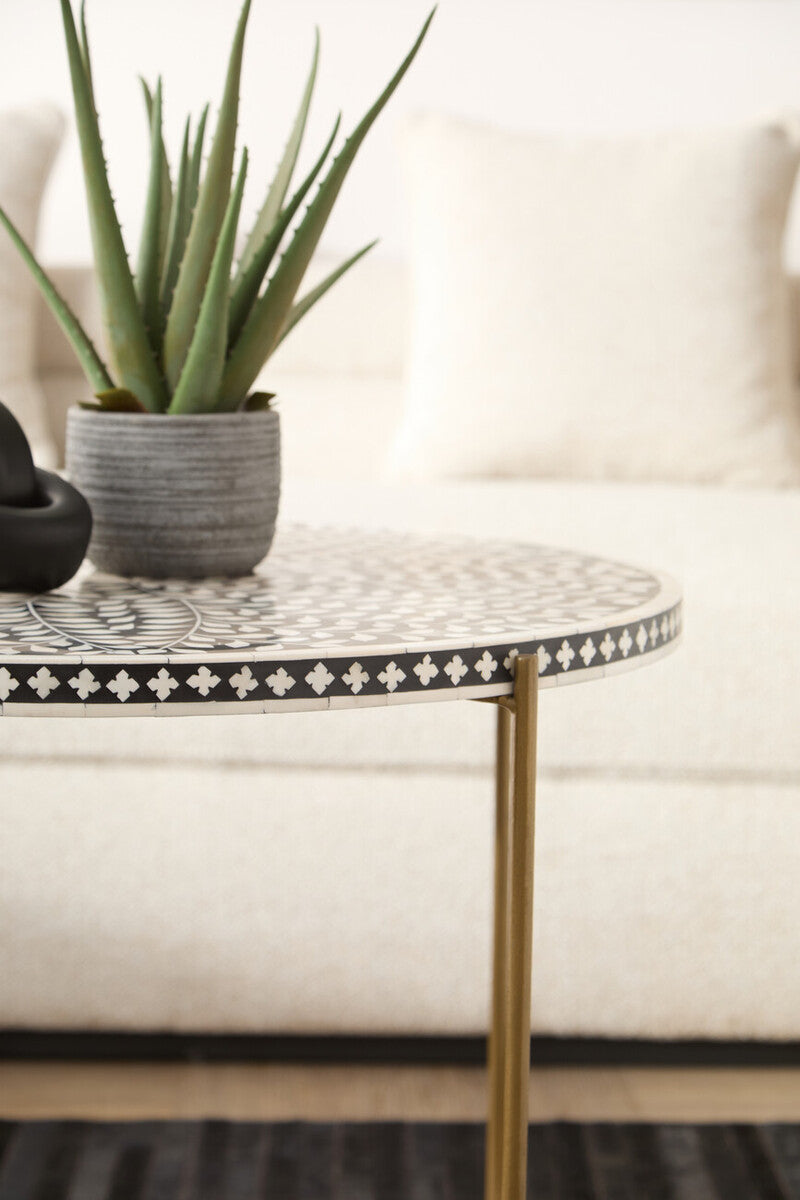 Black Round Wood Coffee Table with White Bone Inlay Top and Gold Metal Cross Base | Fusion