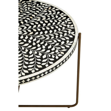 Black Round Wood Coffee Table with White Bone Inlay Top and Gold Metal Cross Base | Fusion